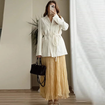 Women's Skirt Yellow Pleated Skirt Summer Midi Ruffle High Waist Long Skirts For Women Elegant Casual Vacation Skirts