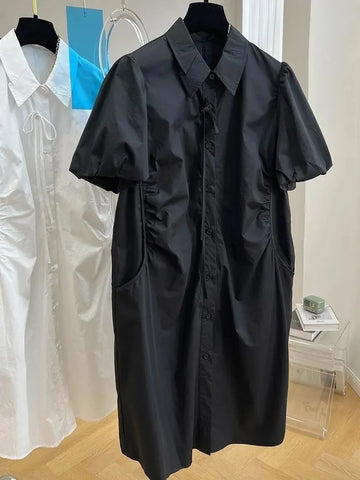 Summer Long Dress High-end Temperament Chic Women shirt Dress Lantern Short-sleeved Shirt Dress Women's Summer Dress Long Skirt