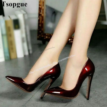 Sexy Burgundy Glossy Leather Shallow Pumps Stilettos High Heel Shoes For Women Slip On Pointed Toe Gorgeous Luxury Women Pumps
