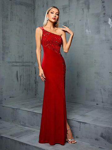 One shoulder mesh Insert bright one-sided plate split fishtail skirt velvet dress