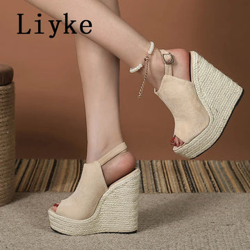 Liyke Summer Peep Toe Wedges Sandals For Women Fashion Buckle Strap Platform High Heels Casual Gladiator Shoes Female Sandalias