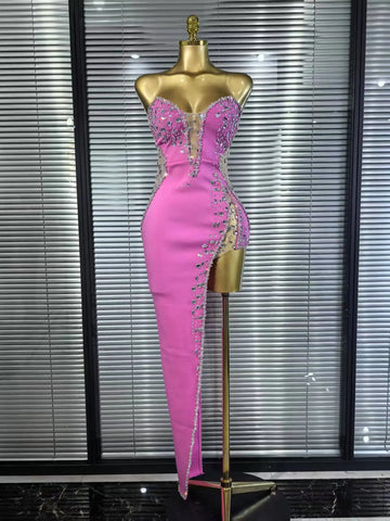 Women Sexy Strapless Shinning Crystal High Split Bodycon Bandage Long Dress Celebrate Evening Party Birthday Outfit Vestido