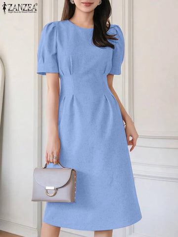 ZANZEA Women 2025 Summer Dress Fashion Office OL Dress Elegant Short Puff Sleeve Work Sundress Solid Party Pleated Vestidos Robe