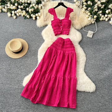 2025 Summer Casual Beach Style 2pcs Suits Single Breasted Mini Camisole+Elastic Waist A Line Fold Slim Skirt Gentle Women Sets