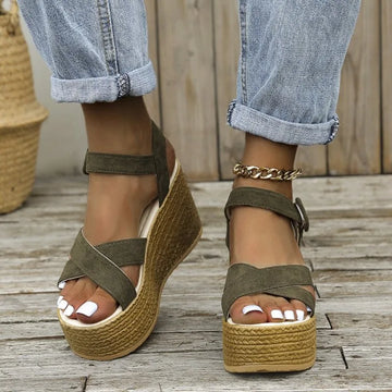 Fashion Wedge Sandals for Women Summer Casual Non-slip Peep Toe Platform Shoes Rubber Sole Buckle Elegant Heels Women