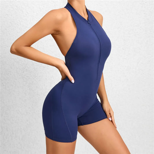 2025 Pad Sleeveless Deep V Exercise Gym Yoga Set One Piece Jumpsuit Women Sport Workout Fitness Scrunch Shorts Active Wear XP301