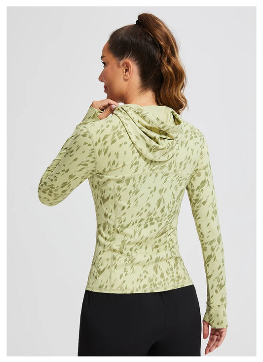 Yoga Thumb buckle Fashion Printing Women's Long Sleeve Sports Hooded Jackets Running Training Fitness Top Active Gym Coat