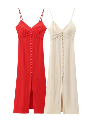 XNWMNZ 2024 Women Fashion Linen Blended Slip Midi Dress Vacation Style V-neck Lace trims Front Button Versatile Female Dresses