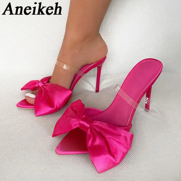 Aneikeh Summer Silk Butterfly-Knot Mule High Heels Women's sandal Pumps 2025 Sexy Pointed Toe Slingbacks Ladies Party Shoe 35-42