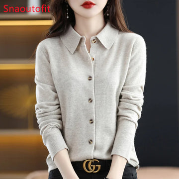 100% Merino Wool Cardigan Women's POLO Neck Knit Sweater Spring/Autumn Commuting Loose Top Soft Cashmere Sweater Office Formal