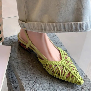 New Trend Hand Woven Sandal Women's Low-Heel Mules Pointed Toe Hollow Out Designer Footwear Summer Slingback Dress Shoes Female