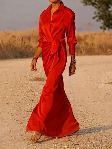 Yeezzi 2025 New Women's Solid Color Evening Maxi Dresses Long Sleeves Pleated Urban Office Lady Commute Lapel Elegant Dress