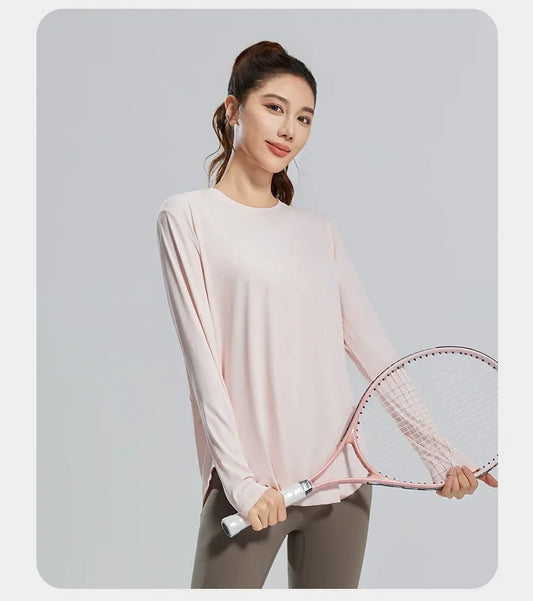 WOYYHO Yoga Tee-shirts Women Long Sleeve Loose Fit Running Sweatshirt Quick Dry Sports Fitness Workout Tops Breathable Blouse