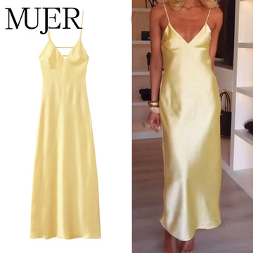 MUJER Yellow Satin Slip Dress Woman Sexy Backless Long Dresses for Women Strap Party Summer Dress Woman 2025 Beach Women's Dress
