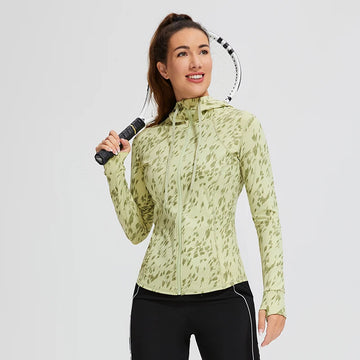 Yoga Thumb buckle Fashion Printing Women's Long Sleeve Sports Hooded Jackets Running Training Fitness Top Active Gym Coat