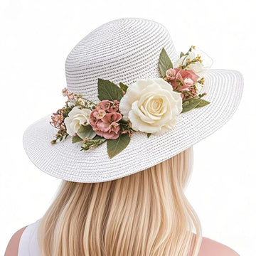 Rose Decorative Flat Top Straw Hat Spring Summer Leisure Outdoor Travel Sunscreen Beach Flat Top Straw Hat Sun Hats for Women