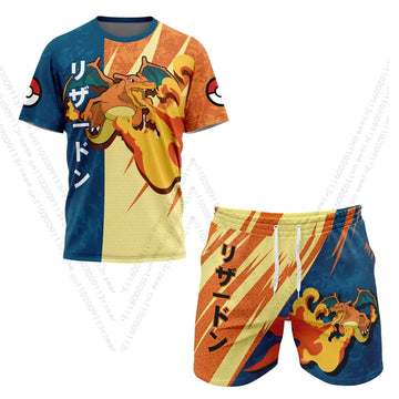 Charizard Pokemon Anime Men's Cosplay Set Print Gym T-shirt Pocket Monster Kawaii Breathable Shorts Quick Dry Sports Kids Suit
