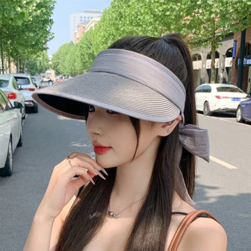 Color Blocking Ice Silk Hairband Hollow Top Hat Korean Fashion Shading Sunscreen Hat Student Outdoor Mountain Climbing Bow