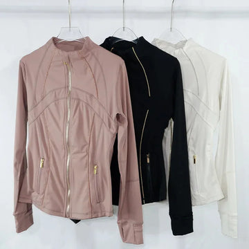 Women's Yoga Jacket with Golden Zipper |   Slim Fit Stand Collar Cardigan |   Anti-Slip Hem & Thumb Holes |   Quick-Dry High Ela