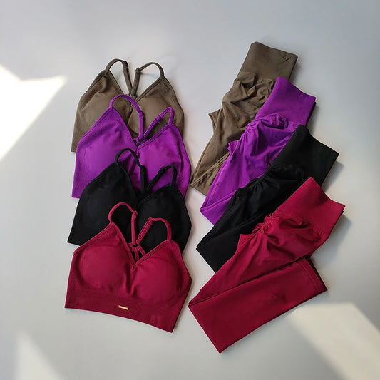 2PCS Women's Seamless Yoga Set Strappy Sports Bra with Pads & High Waisted Leggings Workout Outfit Quick Dry Gym Suit