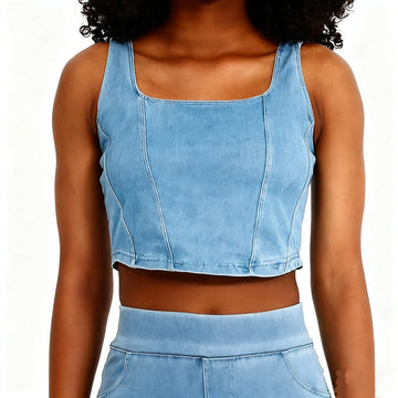 Cowboy Vest for Women Yoga Sport Top U-Shape Sleeveless Denim Workout Vest High Elastic Gym Wear Western Costume Outdoor Casual