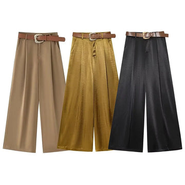 Summer New Women's Wear Solid Color Casual Chic Pleated Decoration With Belt Satin Textured Wide Leg Pants