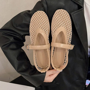 Summer Net Shoes Women Breathable Sandals New Hollow Single Shoes Women Round Head Flat One Word Buckle Sandals