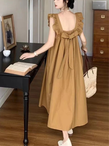 Cute Sweet Casual Korean Thin Summer Solid Fashion Loose Sleeveless Long Dress Square Collar Women's Clothing 2025 New Dresses
