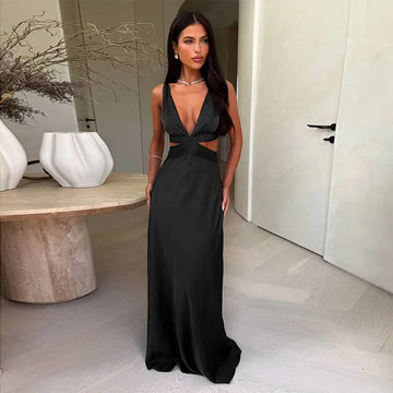 Women's Sleeveless Deep V Neck Hollow out Long Dress High Waist Bodycon Slit Design Beach Vacation Solid Color Dress