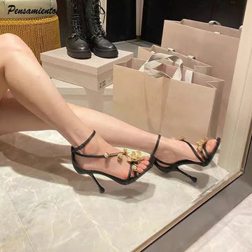 Star style Metal Flowers Women Sandals Sexy Narrow band Stiletto High heels Gladiator Sandals Summer Fashion Party Prom Shoes