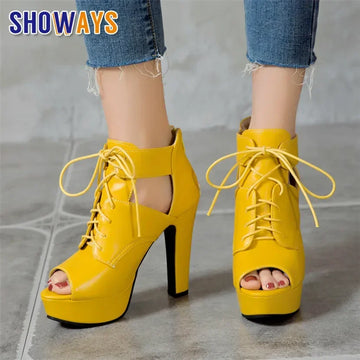 Fashion Gladiator Sandals Women's Peep Toe Platform Ankle Boots Blue Yellow High Thick Heels Party Dress Lady Lace Zipper Shoes