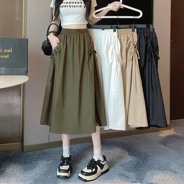 Safari Style Fashion Drawstring Skirts Women's Clothing High Waist A-Line Elastic Spring Autumn Solid Color Casual Midi Skirts