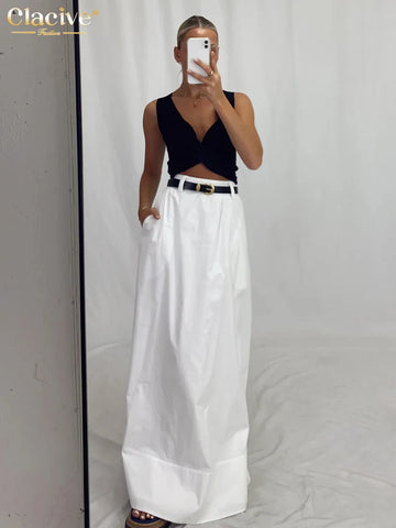 Clacive Fashion Loose White Cotton Women's Skirt 2025 Casual High Waist Long Skirts Elegant Classic Solid Skirt Female Clothing