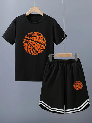 Summer 2025 new children's football and basketball sports set, boys' outdoor sports set, round neck T-shirt, polyester fiber com