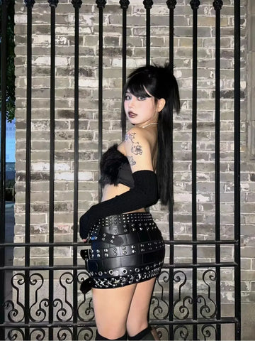 Spring Cool Black Pu Leather Mini Skirt Women with Many Belt Low Waist Luxury Designer Steampunk Clothes Streetwear 2025