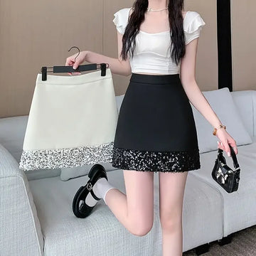 Black High Waist Women's Skirt Sequin Tight Female Skirts Patchwork Wrap Clothing Trend 2025 V Y2k Vintage A Line Stylish Sales