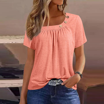 2024 Summer Casual T-shirts For Women Fashion Button Solid Basic Top Tees Streetwear Short Sleeve V Neck Oversized Clothing
