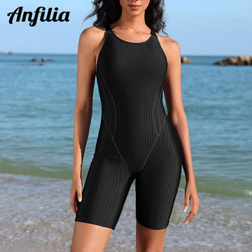 Anfilia Women One-Piece Sports Swimsuit Solid U-Necl High Elastic Racerback Boy Leg Professional Training Bathing Suit