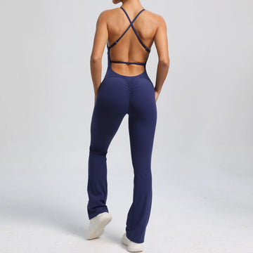 Women Workout Jumpsuit One Piece Fitness Training Yoga Suit Butt Backless Gym Bodysuit Stretch Women Sport Flare Playsuit