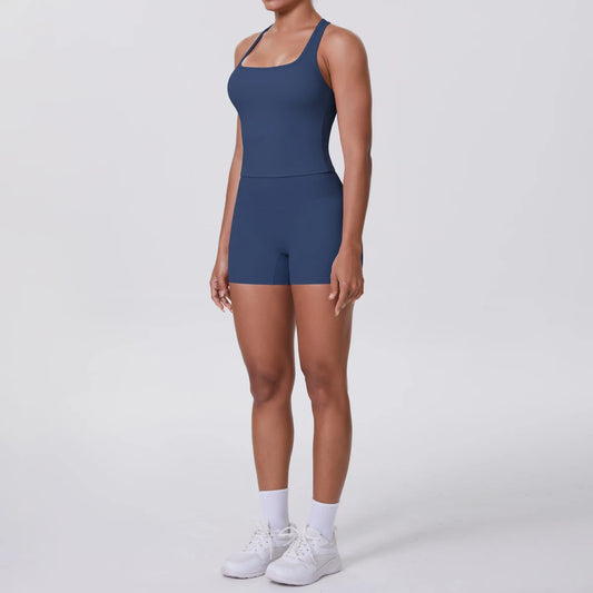 Woman Yoga Vest Shorts Set Solid Color Backless Sport Fitness Clothing Quick-Dry Hip Push Up Breathable Yoga Shorts Short Sleeve