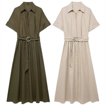 2024ZAR Summer New Women's Wear European and American Style Fashionable Minority Linen Blended Midi Shirt Style Dress