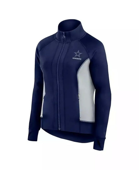 Women's Tailored Fit Navy Full-Zip Gym Track Jacket for Running - Dallas Cowboys Sportswear