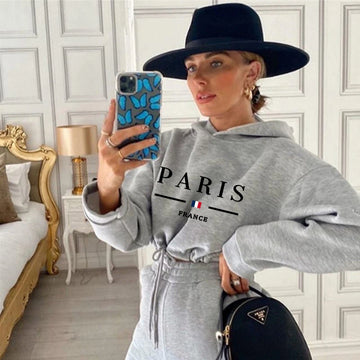 2025 Women Tracksuit Jogging Autumn Hooded Drawstring Short Sweatshirt Suit Daily Simplicity Casual Sportswear Printing Clothing