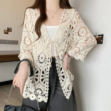 Bohemian Ethnic Style Crochet Hollow Lace Tops Tees New 2025 Summer Knitted Women's Cardigan Beach Vacation Sunscreen Shirt