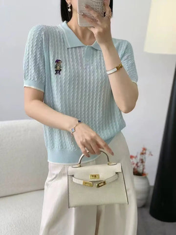 Elegant French Knitted Sweater Top for Women Summer 2025 Fashion Casual Embroidery Slim Fit Short Sleeve T-Shirt Ropa De Mujer