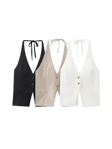 TRZA-Front Button Tank Tops for Women, Tied Halter Neck, Backless, Female Camis, Sexy Fashion