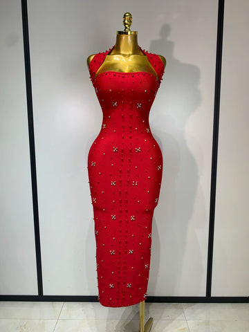Women Sexy Halter Backless Shiny Rhinestone Pearl Bodycon Bandage Dress Celebirty Elegant Evening Party Luxury Birthday Dress