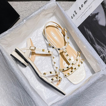 2023 Summer low heel women rivets sandals thin ribbon fashion Korean design girls shoes large size wear slippers free delivery