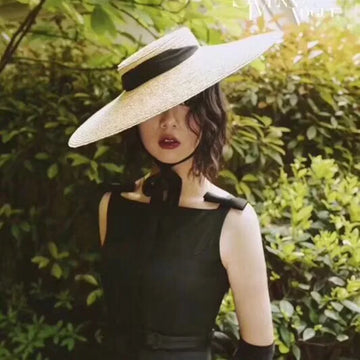 Summer Big Natural Wheat Straw Hats For Women Handmad Wide Brim Beach Visor Caps Elegant Flat Top Long Ribbon Lace-Up Sun Hat