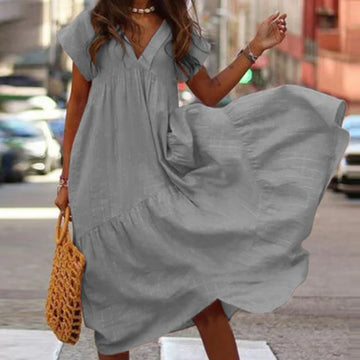 Bohemian Summer Dress for Women V Neck Vestidos Ladies Streetwear Solid Ruffle Dresses Asymmetrical Loose Robe Women Clothing